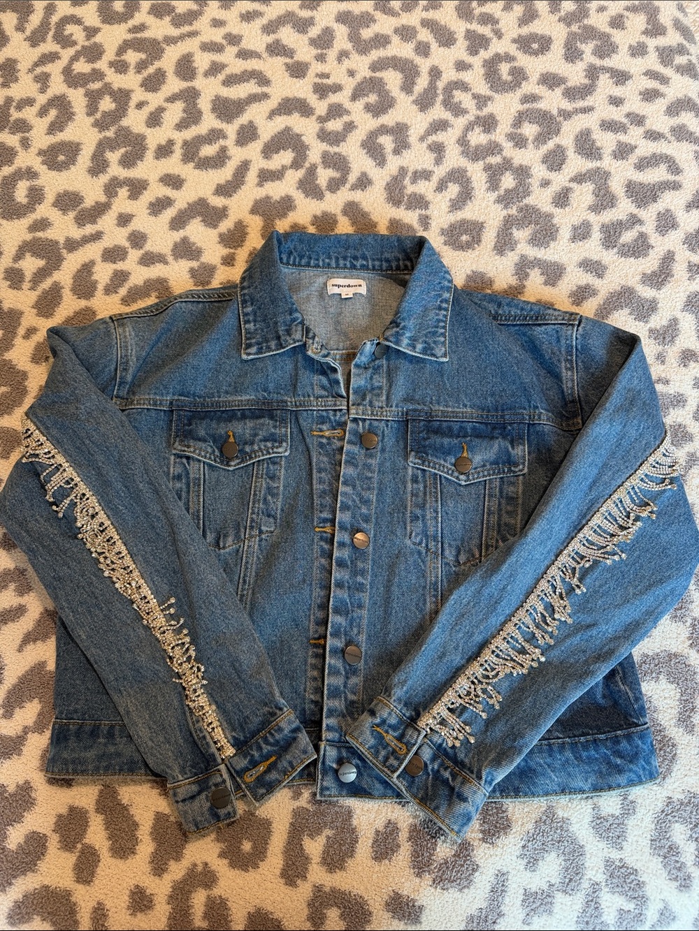 superdown Sparkle Fringe Sleeve Denim Jacket - Blue